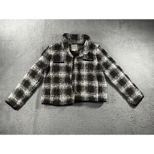Dylan Sherpa Jacket Women Large Plaid Faux Fur Button Up Cozy Soft‎ Plush